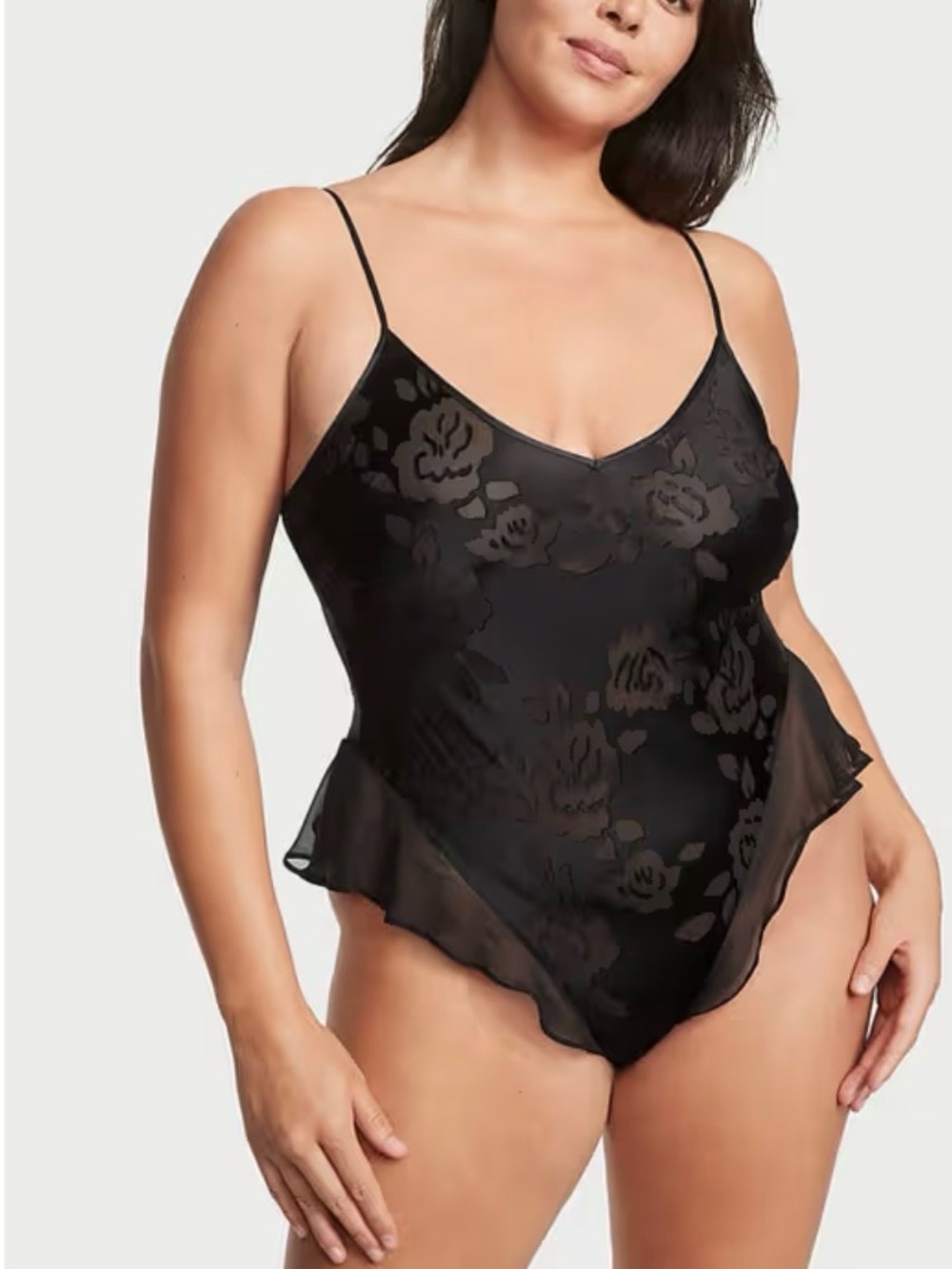 Victoria's Secret Black Floral Sheer Ruffle Chemise